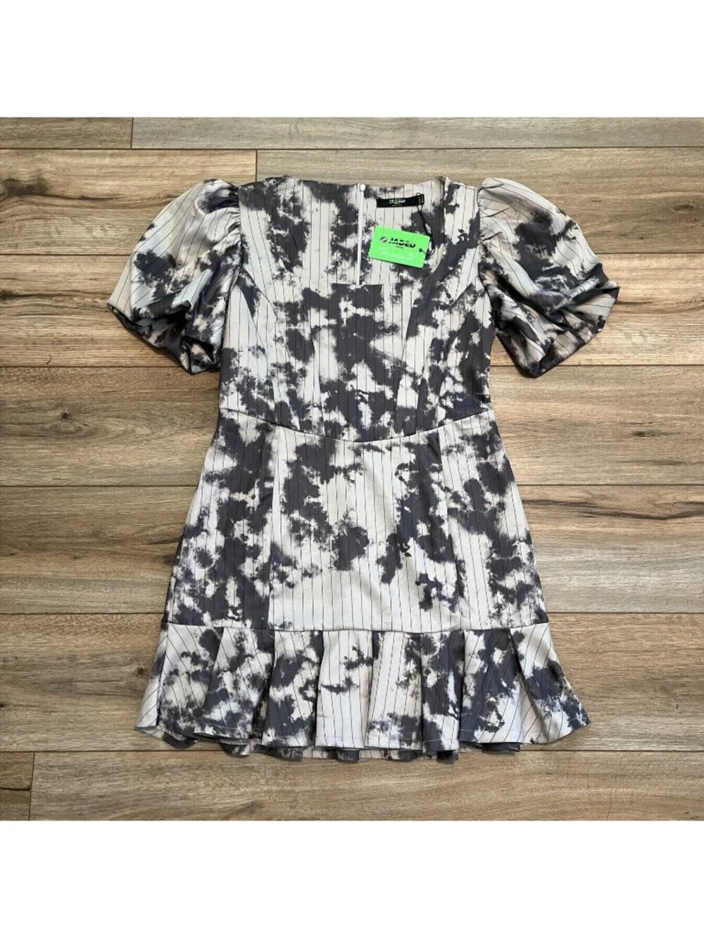 Jaded London Bleached Pinstripe Milkmaid Dress SZ US 8 Gray Mini Puff Sleeve
